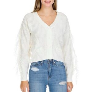 FCT With Love Cream Button Down Cardigan Sweater Fringed Sleeved Junior Large